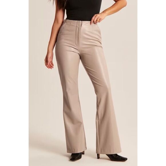 Abercrombie & Fitch Vegan Leather Slim Flare Pants in a Tan/Taupe Color - Picture 1 of 13